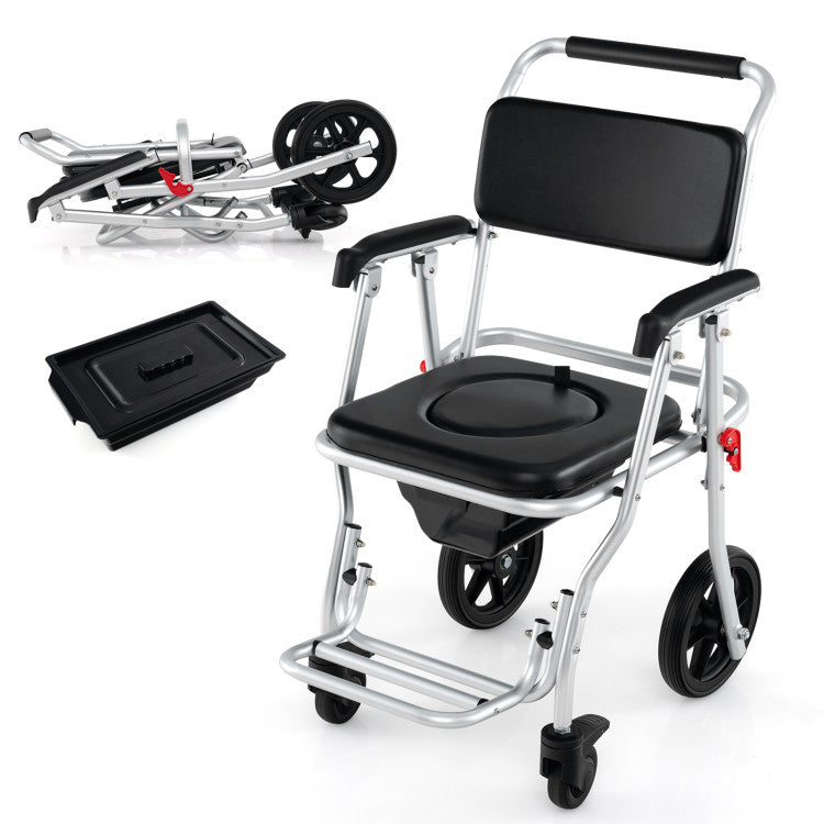 4-in-1 Multi-purpose Bedside Commode Toilet Chair Foldable Aluminum Shower Wheelchair with Footrest and Removable Bucket