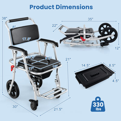 4-in-1 Multi-purpose Bedside Commode Toilet Chair Foldable Aluminum Shower Wheelchair with Footrest and Removable Bucket