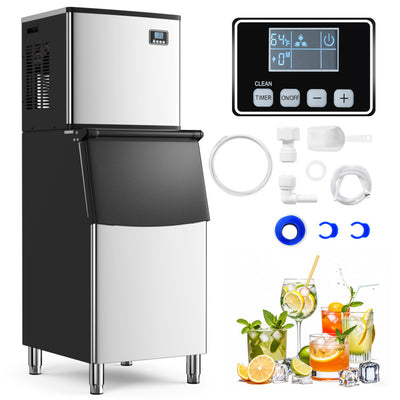 418 LBS/24H Commercial Ice Maker Stainless Steel Freestanding Industrial Ice Machine with Timer and 200 LBS Storage Bin