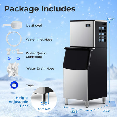 418 LBS/24H Commercial Ice Maker Stainless Steel Freestanding Industrial Ice Machine with Timer and 200 LBS Storage Bin