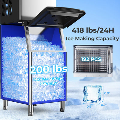 418 LBS/24H Commercial Ice Maker Stainless Steel Freestanding Industrial Ice Machine with Timer and 200 LBS Storage Bin