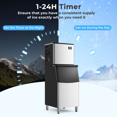 418 LBS/24H Commercial Ice Maker Stainless Steel Freestanding Industrial Ice Machine with Timer and 200 LBS Storage Bin