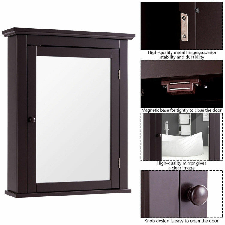 Wall Mount Bathroom Cabinet with One Mirror Single Door Adjustable Shelves Retro Handle