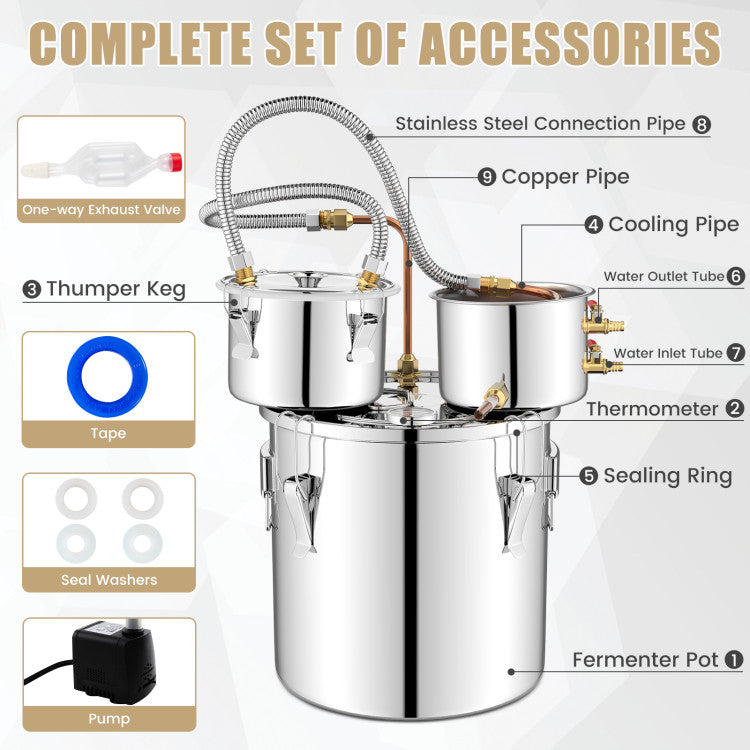 5/10 Gal 22/38 L Alcohol Distiller Stainless Steel Water Distillery Kit With Build-in Thermometer, Brewing Pot for DIY Whisky Wine Brandy Making