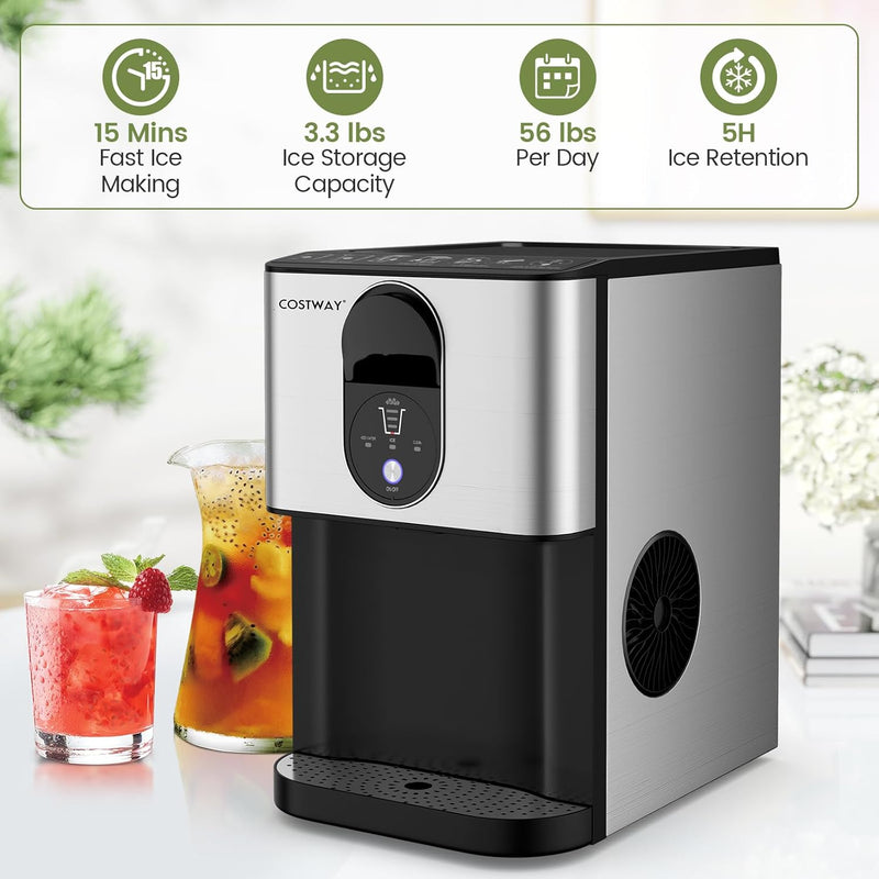 56 Lbs/24H Portable Self Dispensing Nugget Ice Maker Countertop Chewable Ice Maker with Self-Cleaning Function and Removable Water Tank