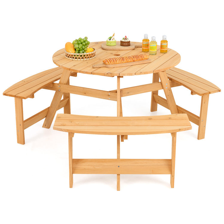 6 Person Kids Picnic Table Bench Set Outdoor Wooden Round Furniture Set with Umbrella Hole