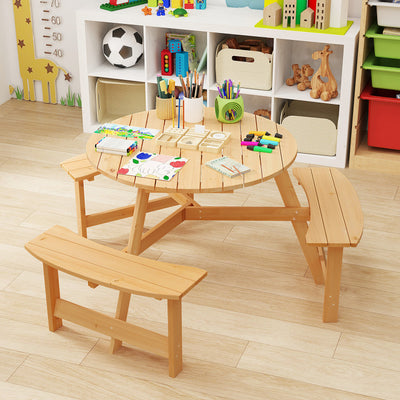 6 Person Kids Picnic Table Bench Set Outdoor Wooden Round Furniture Set with Umbrella Hole