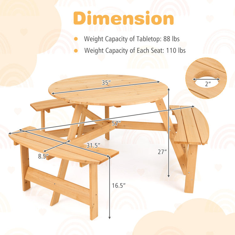 6 Person Kids Picnic Table Bench Set Outdoor Wooden Round Furniture Set with Umbrella Hole