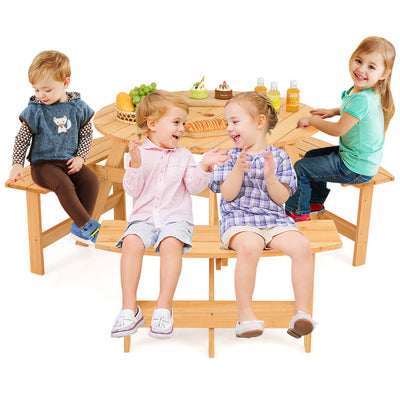 6 Person Kids Picnic Table Bench Set Outdoor Wooden Round Furniture Set with Umbrella Hole