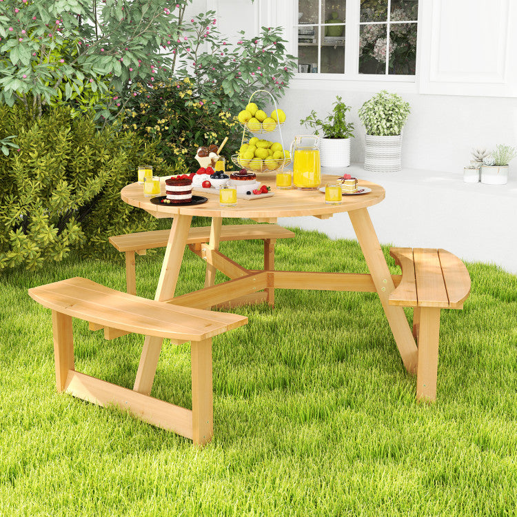 6 Person Kids Picnic Table Bench Set Outdoor Wooden Round Furniture Set with Umbrella Hole