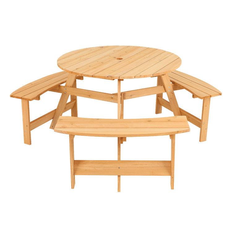 6 Person Kids Picnic Table Bench Set Outdoor Wooden Round Furniture Set with Umbrella Hole