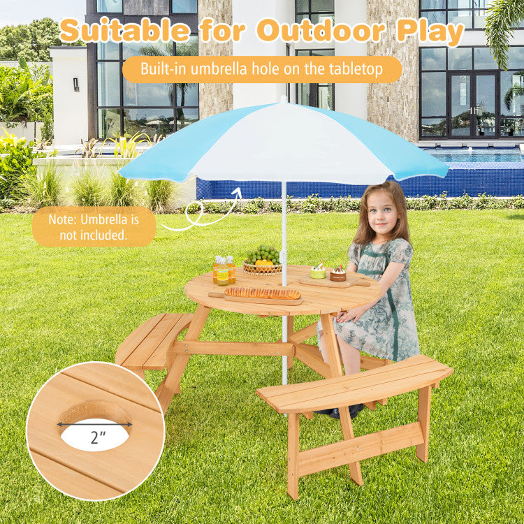 6 Person Kids Picnic Table Bench Set Outdoor Wooden Round Furniture Set with Umbrella Hole