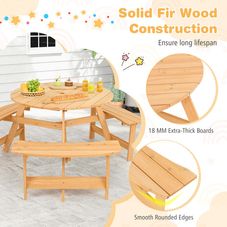 6 Person Kids Picnic Table Bench Set Outdoor Wooden Round Furniture Set with Umbrella Hole