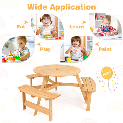 6 Person Kids Picnic Table Bench Set Outdoor Wooden Round Furniture Set with Umbrella Hole