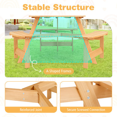 6 Person Kids Picnic Table Bench Set Outdoor Wooden Round Furniture Set with Umbrella Hole