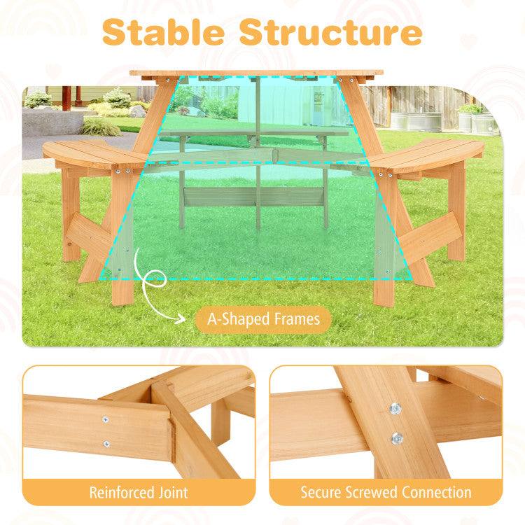 6 Person Kids Picnic Table Bench Set Outdoor Wooden Round Furniture Set with Umbrella Hole