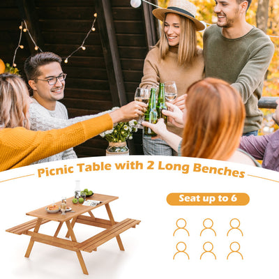 6 Person Outdoor Hardwood Picnic Table Set with 2 Built-in Benches and Umbrella Hole