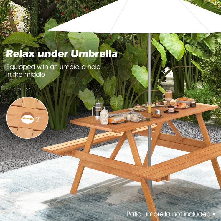 6 Person Outdoor Hardwood Picnic Table Set with 2 Built-in Benches and Umbrella Hole