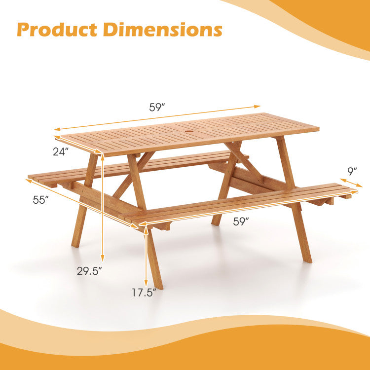 6 Person Outdoor Hardwood Picnic Table Set with 2 Built-in Benches and Umbrella Hole