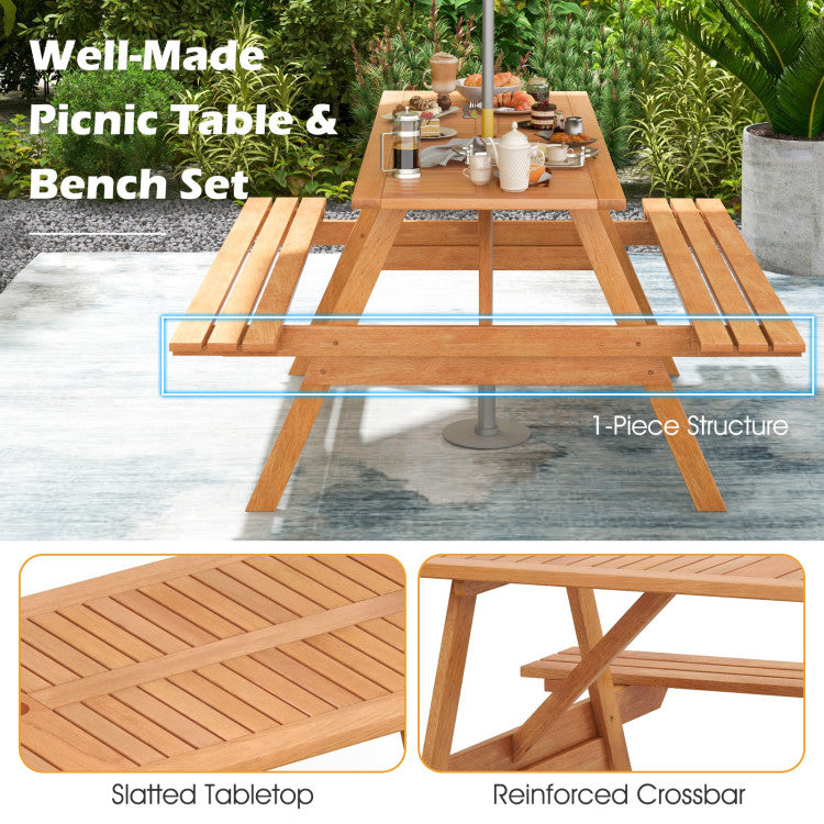 6 Person Outdoor Hardwood Picnic Table Set with 2 Built-in Benches and Umbrella Hole