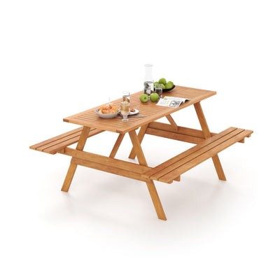 6 Person Outdoor Hardwood Picnic Table Set with 2 Built-in Benches and Umbrella Hole