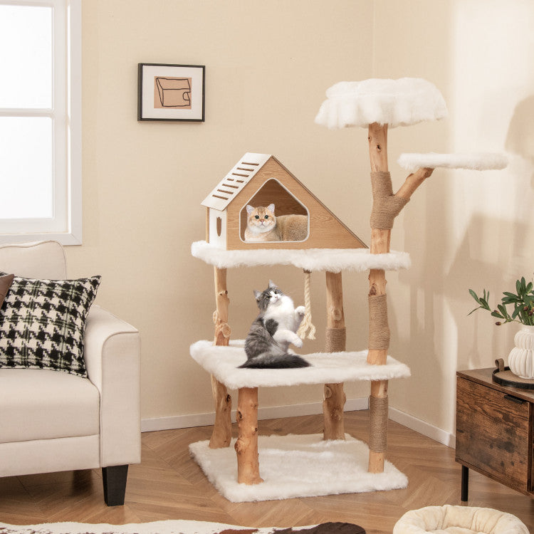 60 Inch Tall Wooden Cat Tree Modern Cat Tower with Jute Scratching Posts and Perches