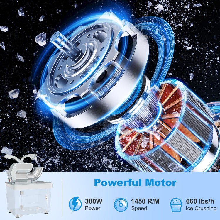 660 LBS/H Commercial Ice Crusher 120V 300W Stainless Steel Electric Ice Shaver Snow Cone Machine with Anti-slip Foot Pads, Dual Blades, Safety On/Off Switch