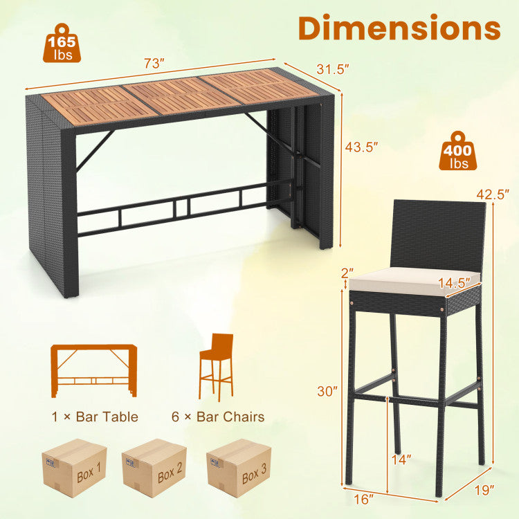 7 Pieces Outdoor Rattan Dining Table Set Patio Acacia Wood Bar Set with Cushions and Adjustable Footpads