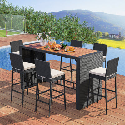 7 Pieces Outdoor Rattan Dining Table Set Patio Acacia Wood Bar Set with Cushions and Adjustable Footpads