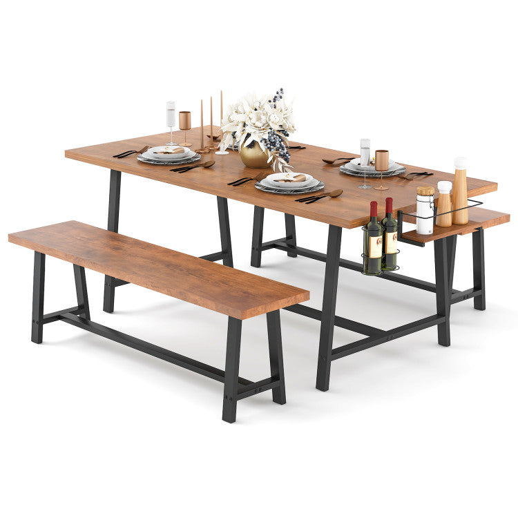 72” Heavy-Duty Dining Table Set 3-Piece Kitchen Dinette Set with 2 Benches and Condiment Holder