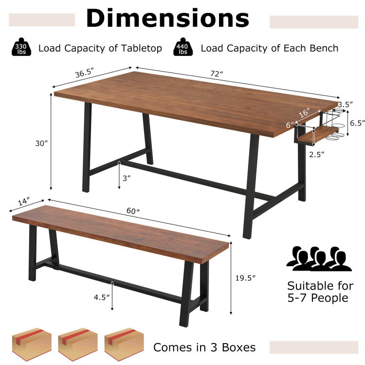 72” Heavy-Duty Dining Table Set 3-Piece Kitchen Dinette Set with 2 Benches and Condiment Holder