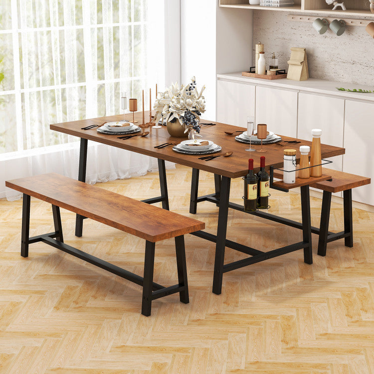 72” Heavy-Duty Dining Table Set 3-Piece Kitchen Dinette Set with 2 Benches and Condiment Holder