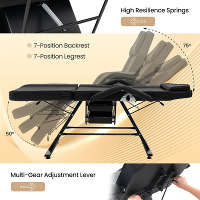 72 Inch Massage Bed 3-Section Tattoo Facial Chair with Adjustable Backrest and Storage Boxes for Treatment Beauty Spa