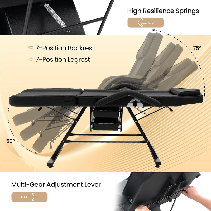 72 Inch Massage Bed 3-Section Tattoo Facial Chair with Adjustable Backrest and Storage Boxes for Treatment Beauty Spa