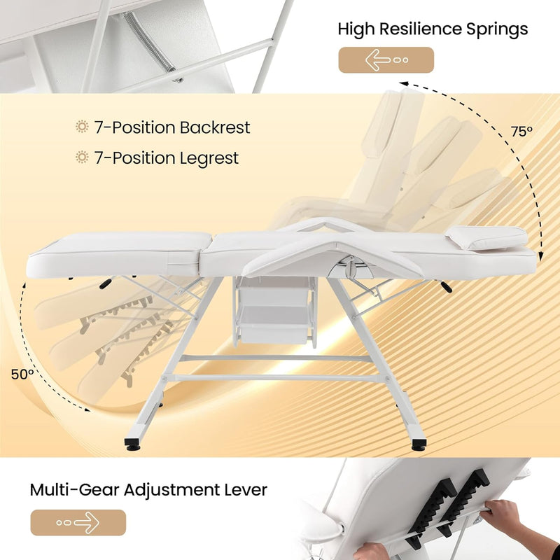 72 Inch Massage Bed 3-Section Tattoo Facial Chair with Adjustable Backrest and Storage Boxes for Treatment Beauty Spa