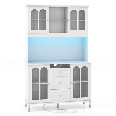 73 Inch Kitchen Pantry Storage Cabinet Freestanding Hutch Buffet Sideboard with LED Lights and Adjustable Shelves