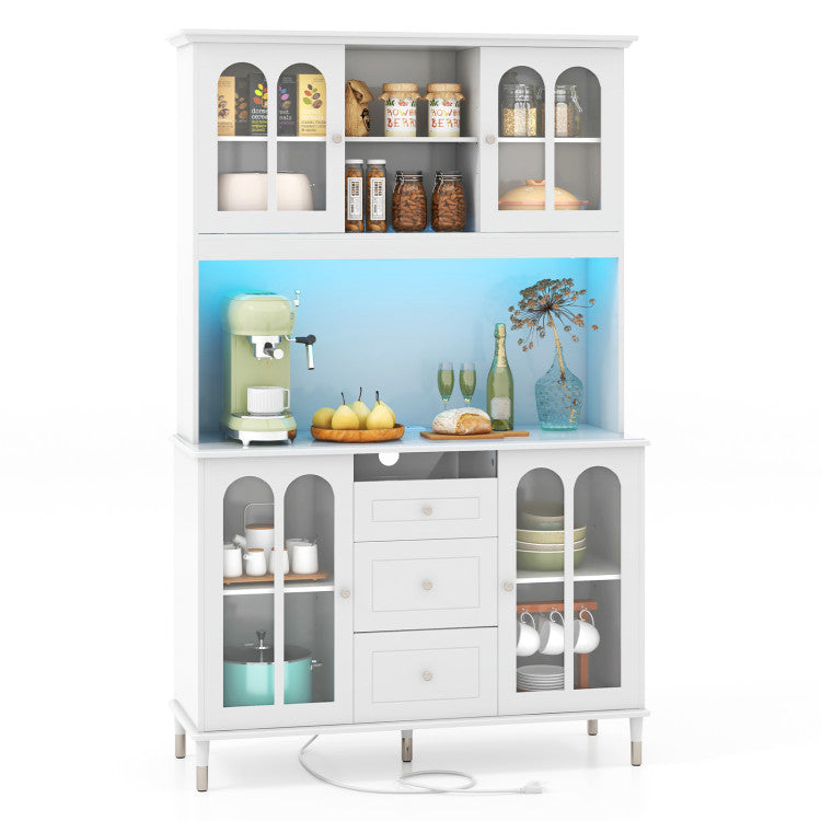 73 Inch Kitchen Pantry Storage Cabinet Freestanding Hutch Buffet Sideboard with LED Lights and Adjustable Shelves