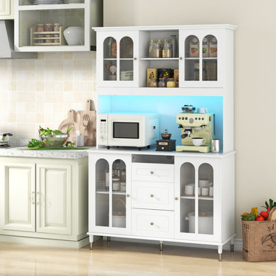 73 Inch Kitchen Pantry Storage Cabinet Freestanding Hutch Buffet Sideboard with LED Lights and Adjustable Shelves