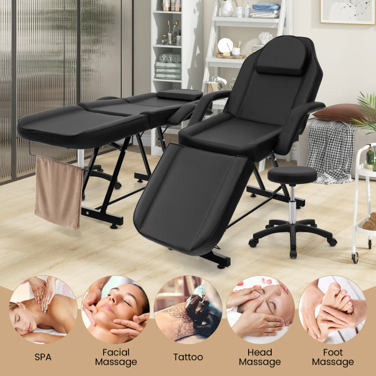 73 Inch Massage Bed Facial Chair Set 3-Section Convertible Tattoo Esthetician Chair with Adjustable Backrest and Towel Rack