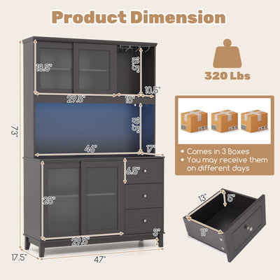 73" Kitchen Pantry Storage Cabinet Hutch Buffet Sideboard with LED Lights and Adjustable Shelves