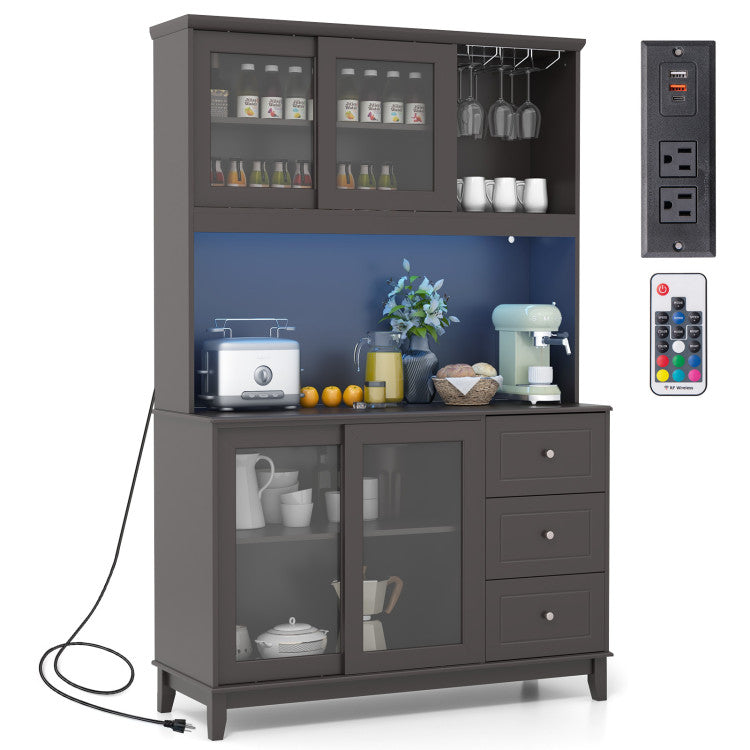 73" Kitchen Pantry Storage Cabinet Hutch Buffet Sideboard with LED Lights and Adjustable Shelves