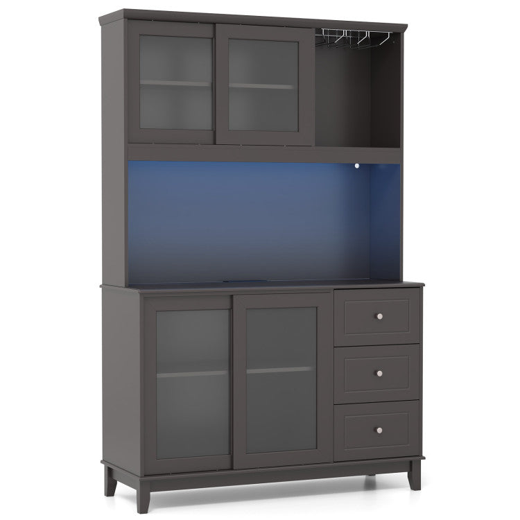 73" Kitchen Pantry Storage Cabinet Hutch Buffet Sideboard with LED Lights and Adjustable Shelves