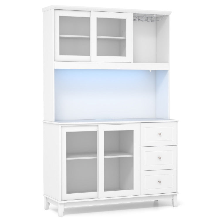 73" Kitchen Pantry Storage Cabinet Hutch Buffet Sideboard with LED Lights and Adjustable Shelves