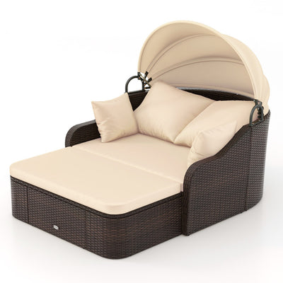 75.5" Outdoor PE Rattan Daybed Patio Sunbed Loveseat with Retractable Canopy and Cushions