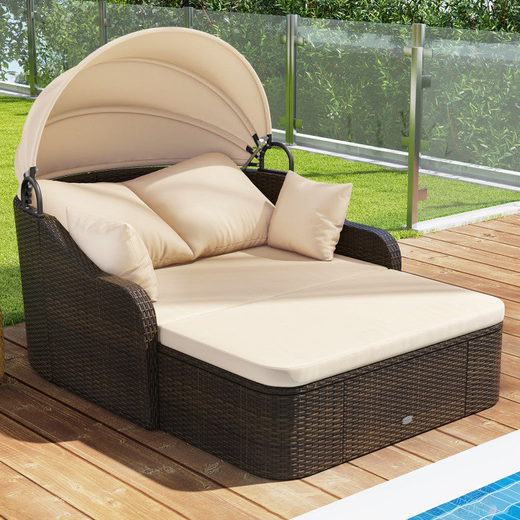 75.5" Outdoor PE Rattan Daybed Patio Sunbed Loveseat with Retractable Canopy and Cushions