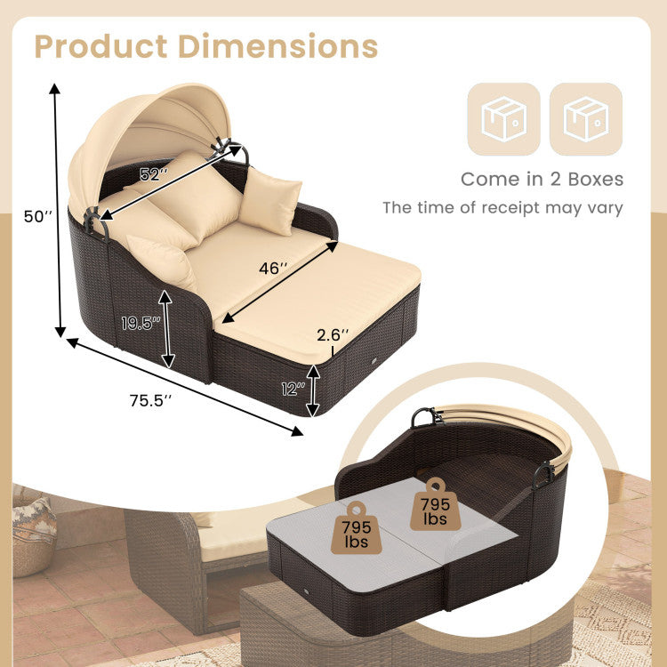 75.5" Outdoor PE Rattan Daybed Patio Sunbed Loveseat with Retractable Canopy and Cushions