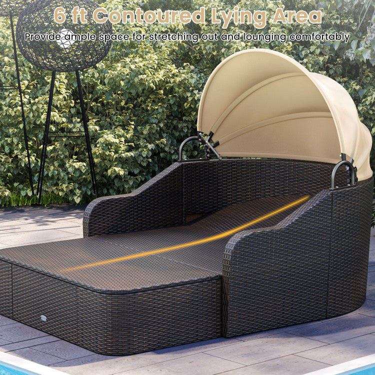 75.5" Outdoor PE Rattan Daybed Patio Sunbed Loveseat with Retractable Canopy and Cushions