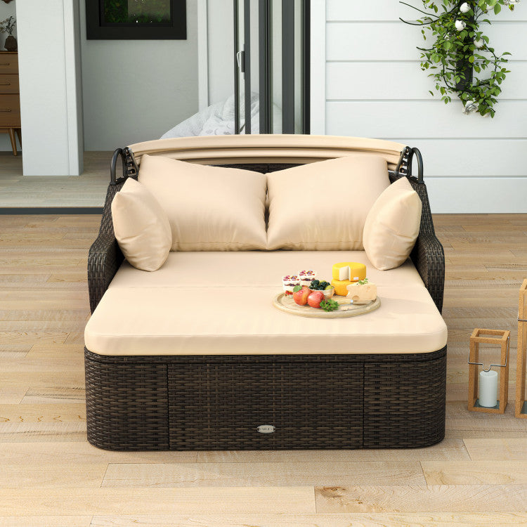 75.5" Outdoor PE Rattan Daybed Patio Sunbed Loveseat with Retractable Canopy and Cushions