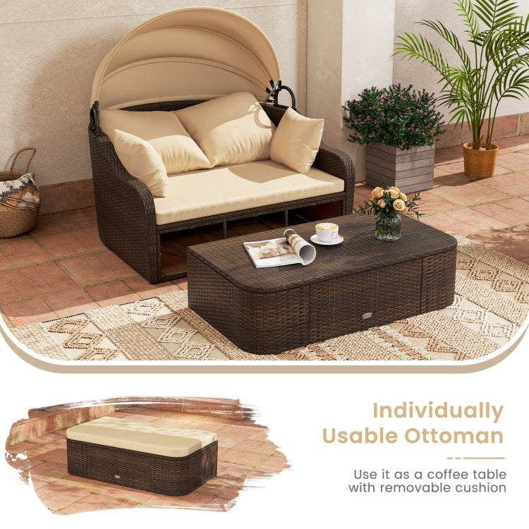 75.5" Outdoor PE Rattan Daybed Patio Sunbed Loveseat with Retractable Canopy and Cushions