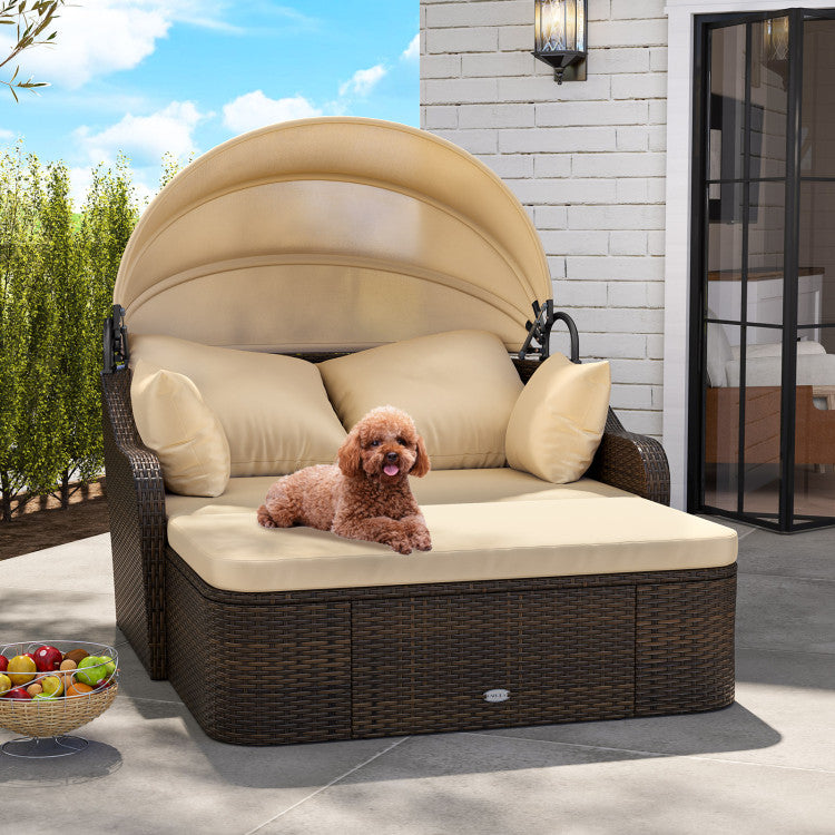 75.5" Outdoor PE Rattan Daybed Patio Sunbed Loveseat with Retractable Canopy and Cushions